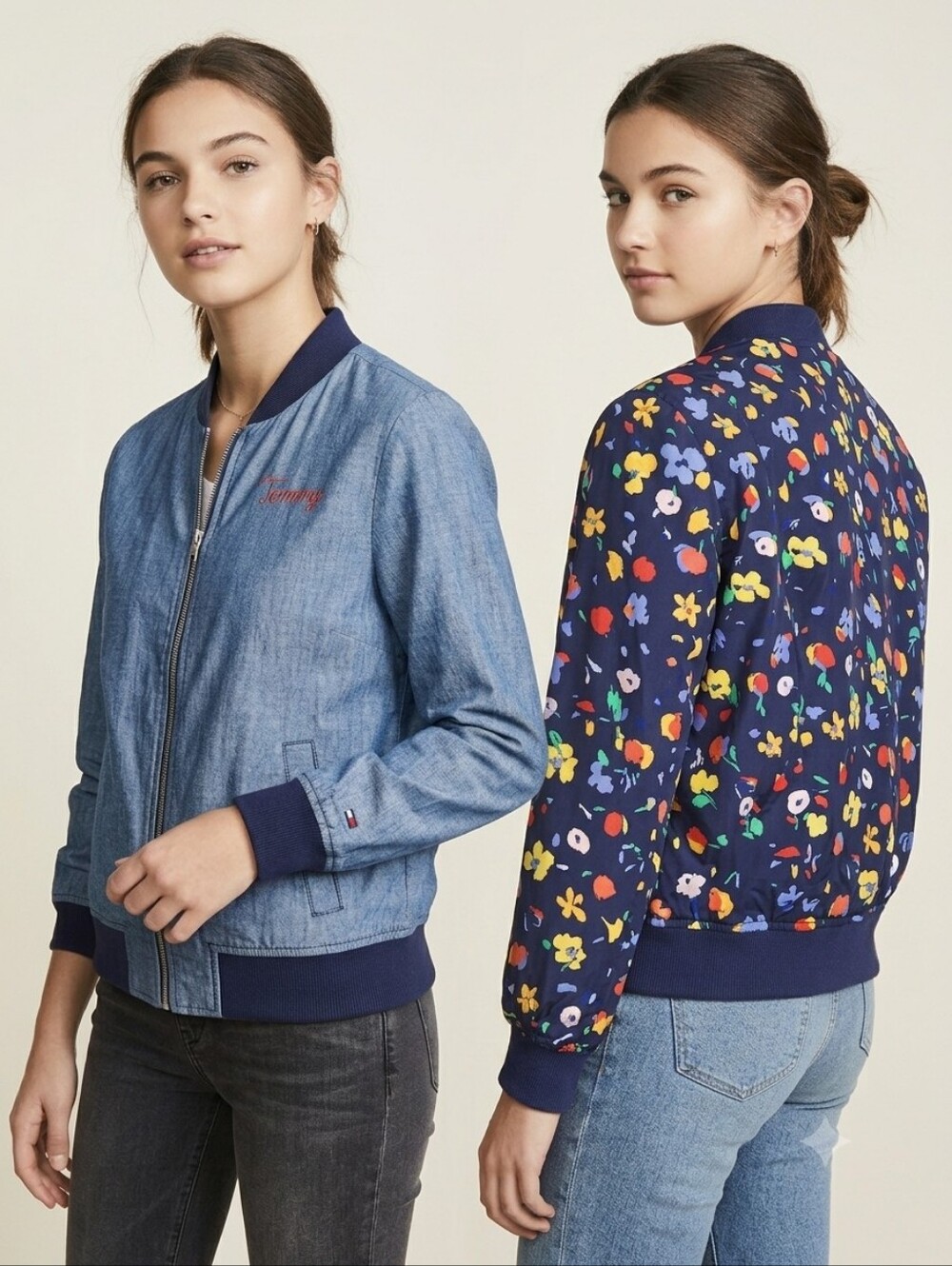 Tommy Hilfiger Reversible Bomber Jacket Blue Chambray Floral Youth Girls XL 16-1